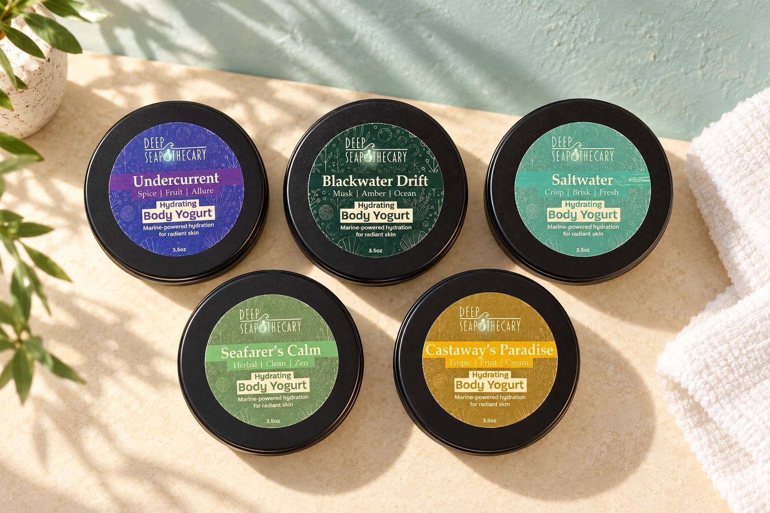 Five Deep Seapothecary Body Yogurt tins: Undercurrent, Blackwater Drift, Saltwater, Seafarer’s Calm and Castaway’s Paradise.