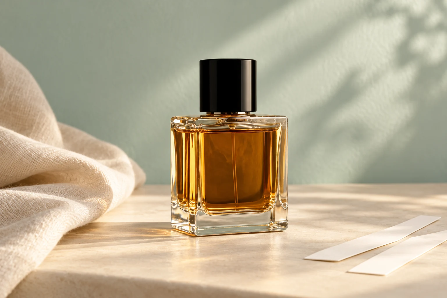 Amber perfume bottle from Deep Seapothecary’s bespoke page beside scent blotters.