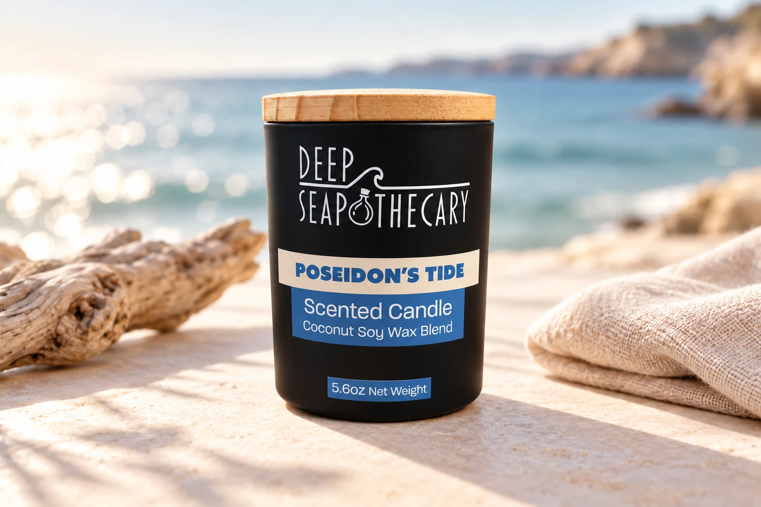 Deep Seapothecary Poseidon’s Tide candle with a wooden lid beside driftwood.