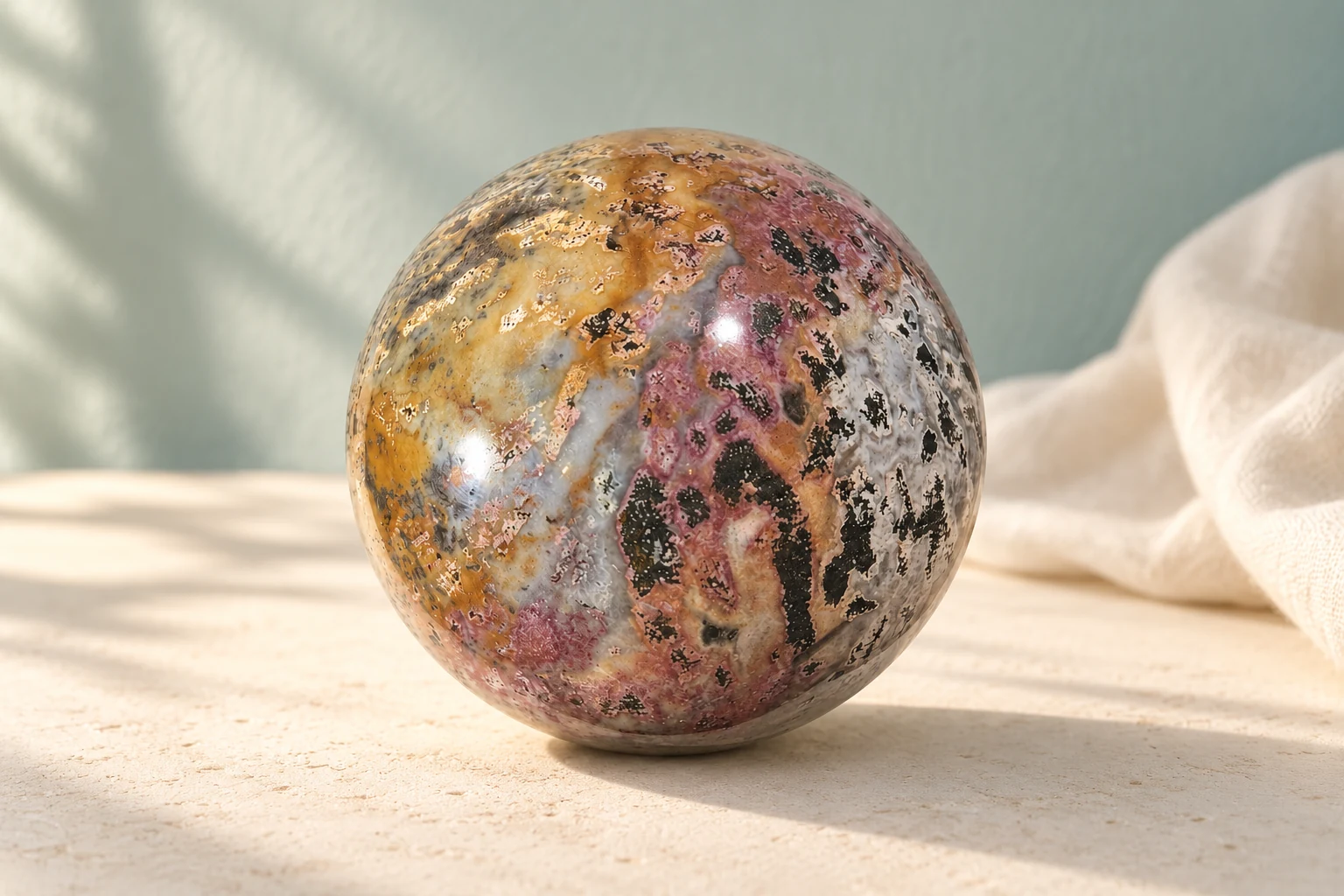 An Ocean Jasper Sphere on a sunlit tabletop.