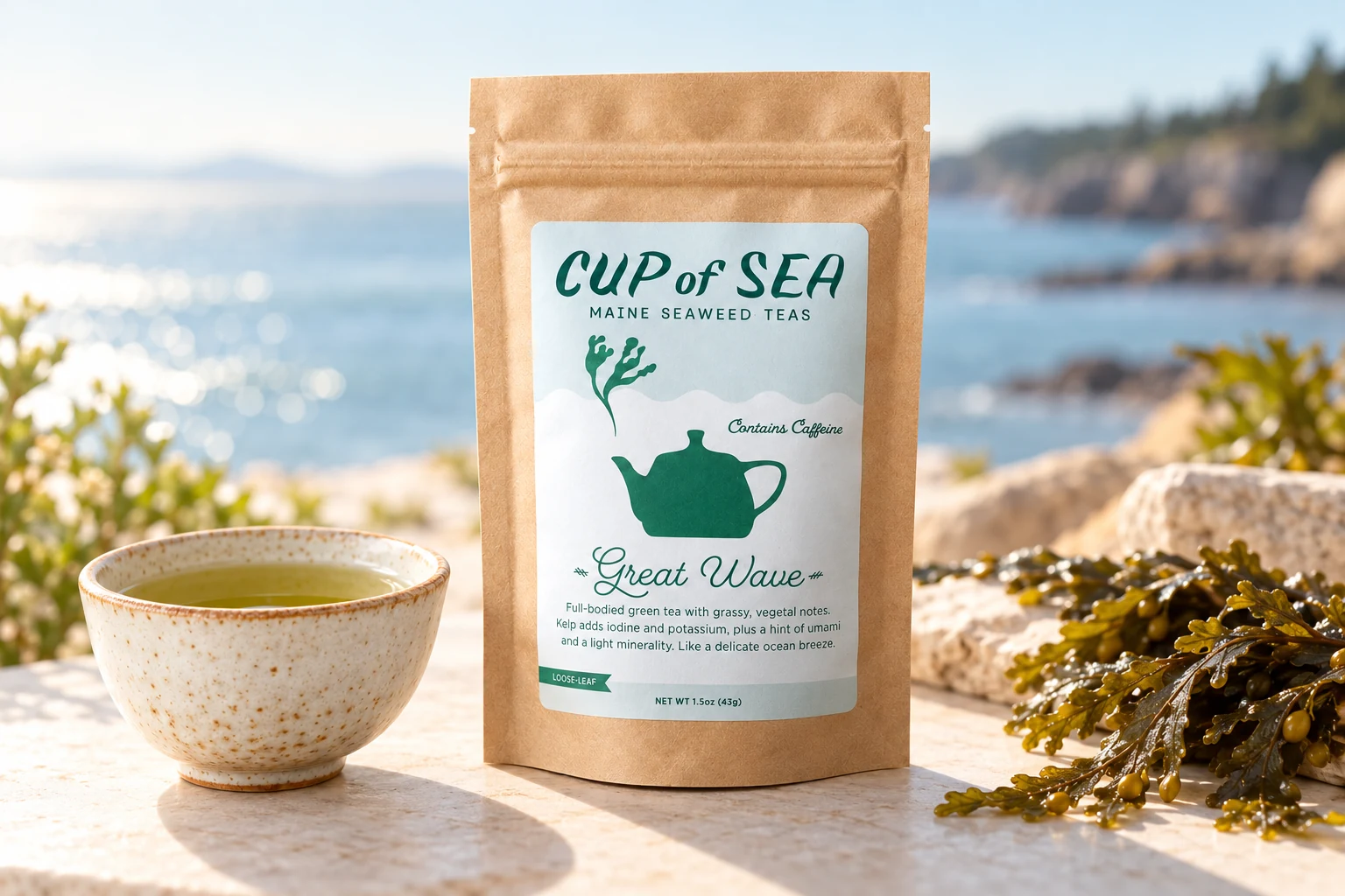 Cup of Sea Great Wave tea pouch beside a cup of green tea.